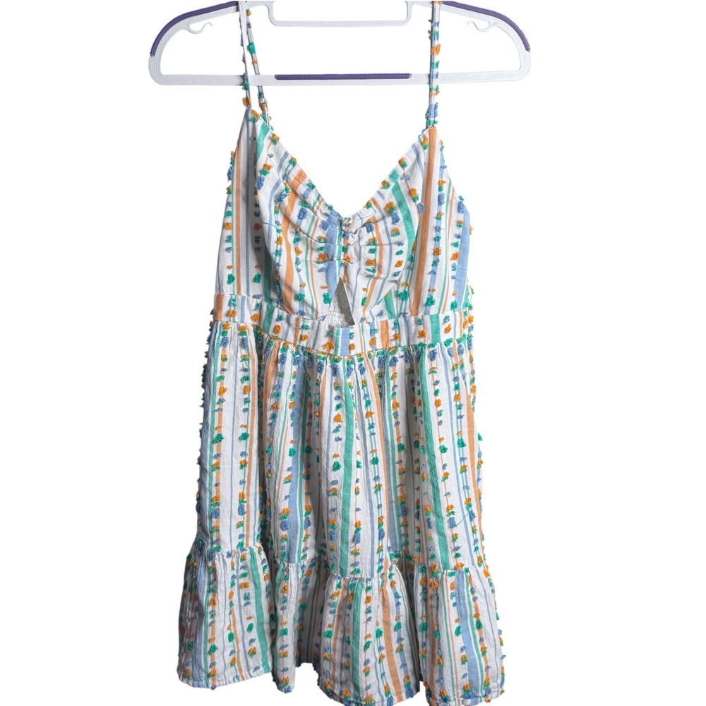 En Creme Striped Tufted Mini Dress Multi Color Cotton Smocked Back Boho M